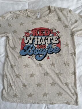 Graphic 'Red White and Boujee' Short Sleeve Tee - Beige with Red & Blue Print